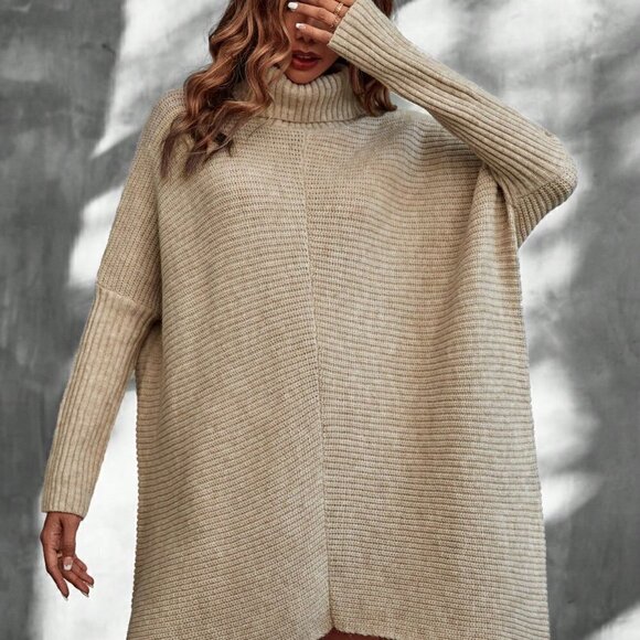 Khaki Casual Womens Turtleneck Batwing Sleeve Sweater Dress - Picture 5 of 5